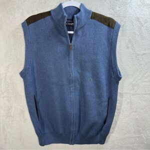 Chaps Full‎ Zip Sweater Vest Microsuede Shoulders Grandpacore Golf Blue Sz L NEW